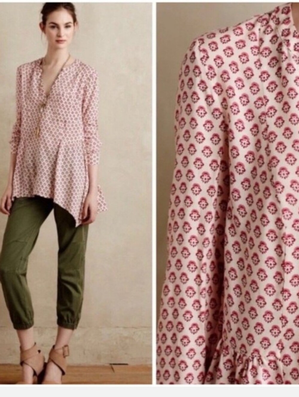 Anthropologie Maeve Boho Laiken Peasant Blouse Flowy Floral Pink Top Sz Zero 0